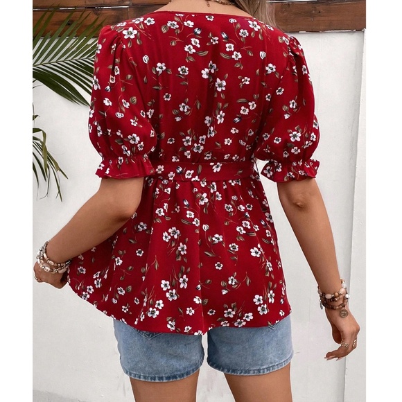 Maternity Floral Print Puff Sleeve Belted Blouse - Picture 4 of 8